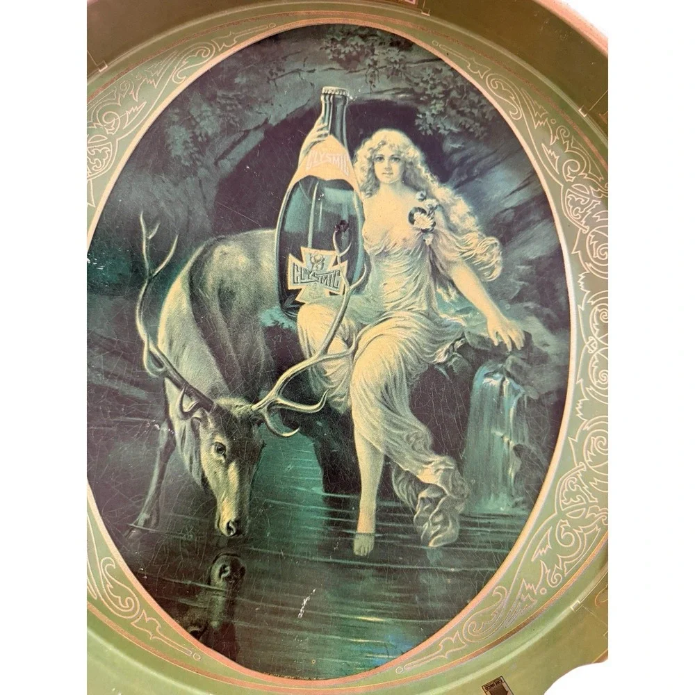 VTG Clysmic King Of Table Waters Tin Advertising Tray Nymph & Stag Green 14